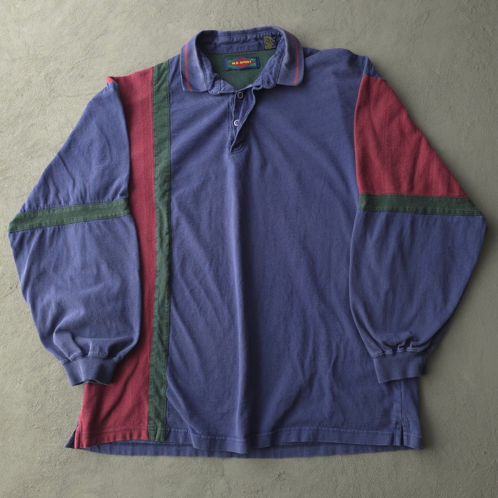 Vintage 90s M.E. Sport Blue Colorblock Long Sleeve Polo Shirt XL Color Block